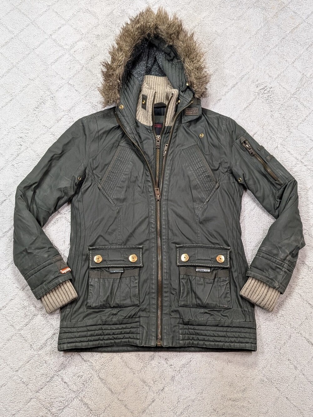 Superdry Jacket Womens M Green Olive Alpine Waxed Parka Hooded Streetwear